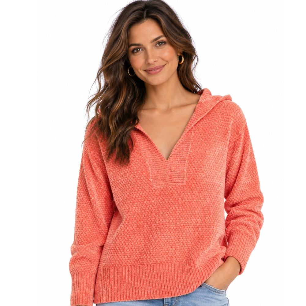 Tommy Bahama Island Luna Chenille Hoodie Womens Large Pure Coral Soft Sweater